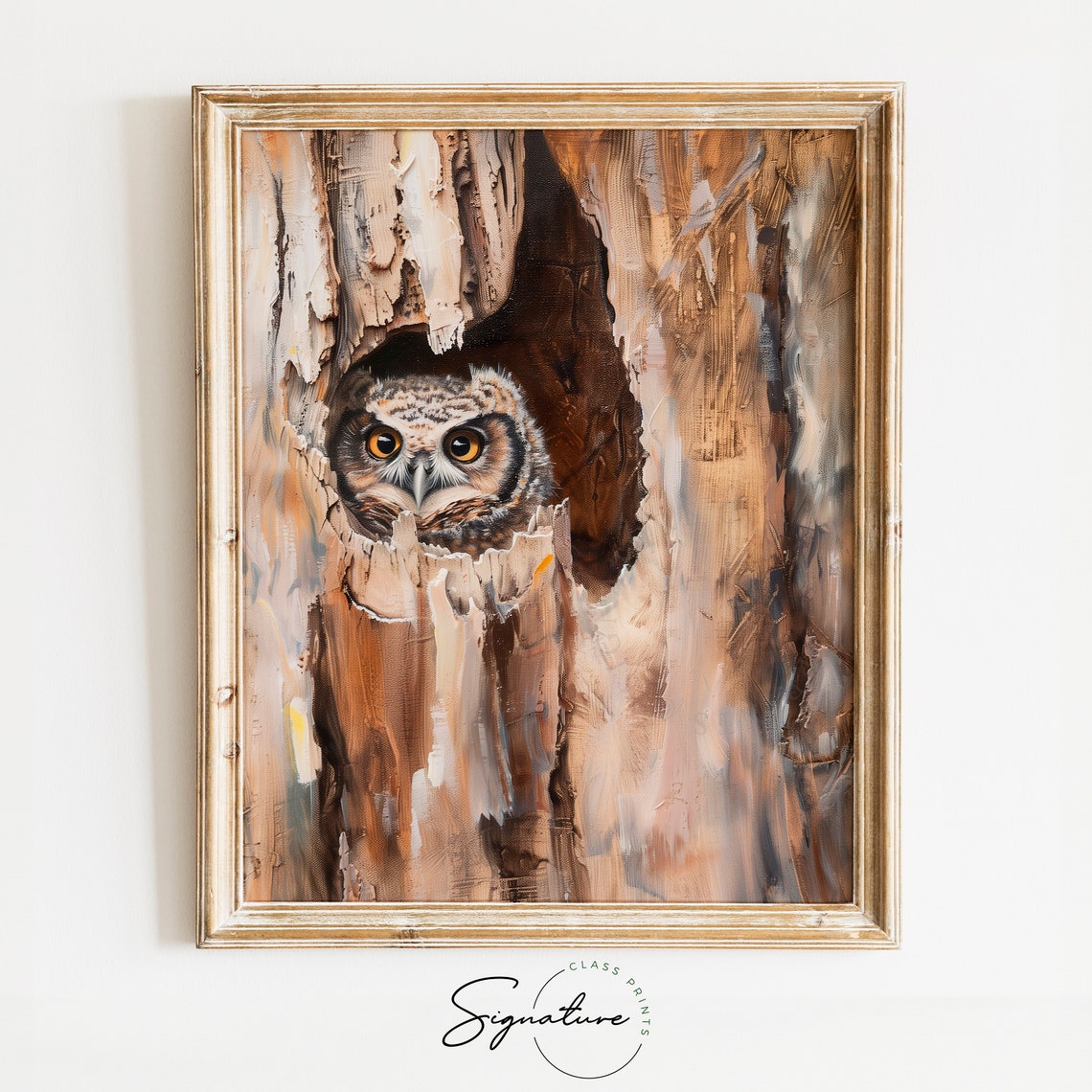 Curious Owl Peeking From Tree Hollow Woodland Bird Painting Poster