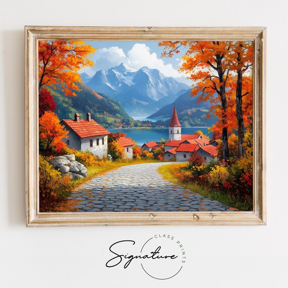 Alpine Village Autumn Lane Mountain Lake Chapel Fall Landscape Wall Art