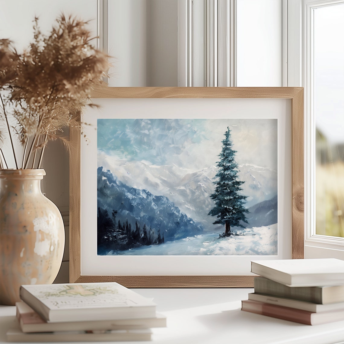 Tall Lone Spruce Before Blue Mountain Winter Snow Scene Poster - Image 2