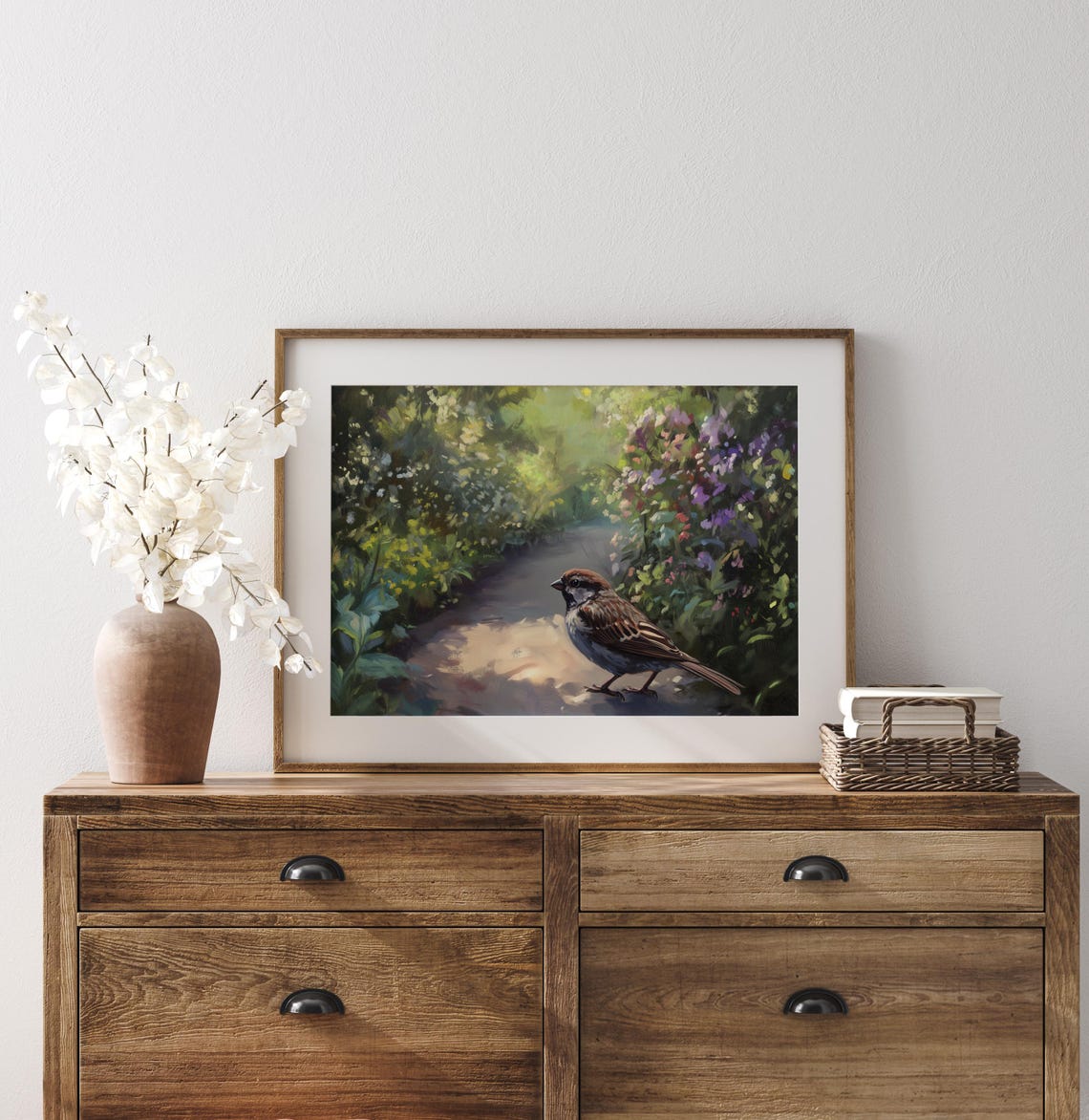Sparrow Strolling Sunlit Garden Path Summer Wildflower Poster - Image 2