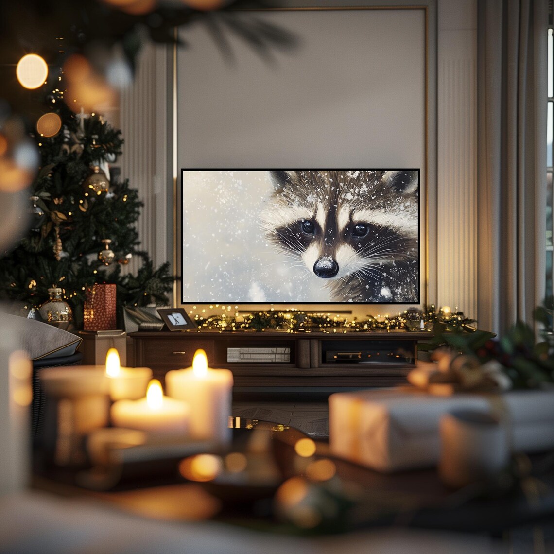 Raccoon Face Close Up in Falling Snow Winter Wildlife Poster - Image 6