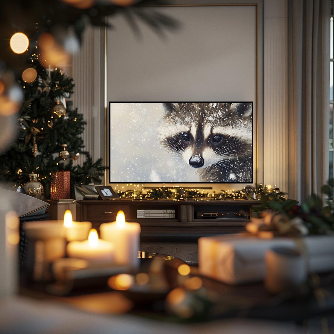 Raccoon Face Winter Frame Tv Art Frosty Whiskers Animal Painting Rustic Woodland Tv Art Cozy Cottagecore Holiday Decor 2305 - Image 6