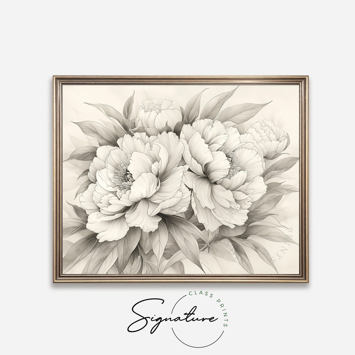 Peony Bouquet Soft Grayscale Elegant Botanical Floral Sketch Poster - Image 4