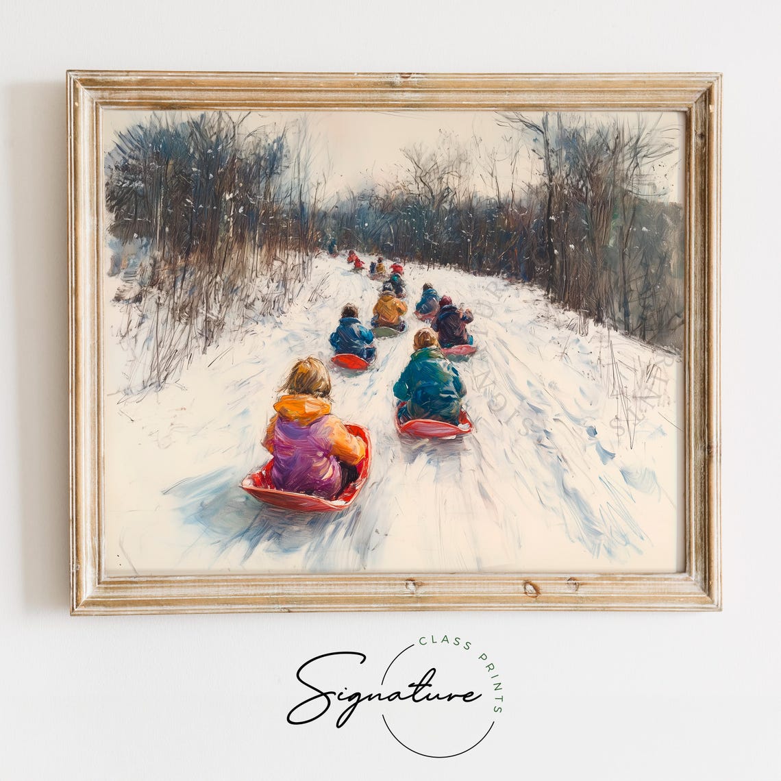 Children Sledding Downhill On Red Sleds Joyful Winter Poster