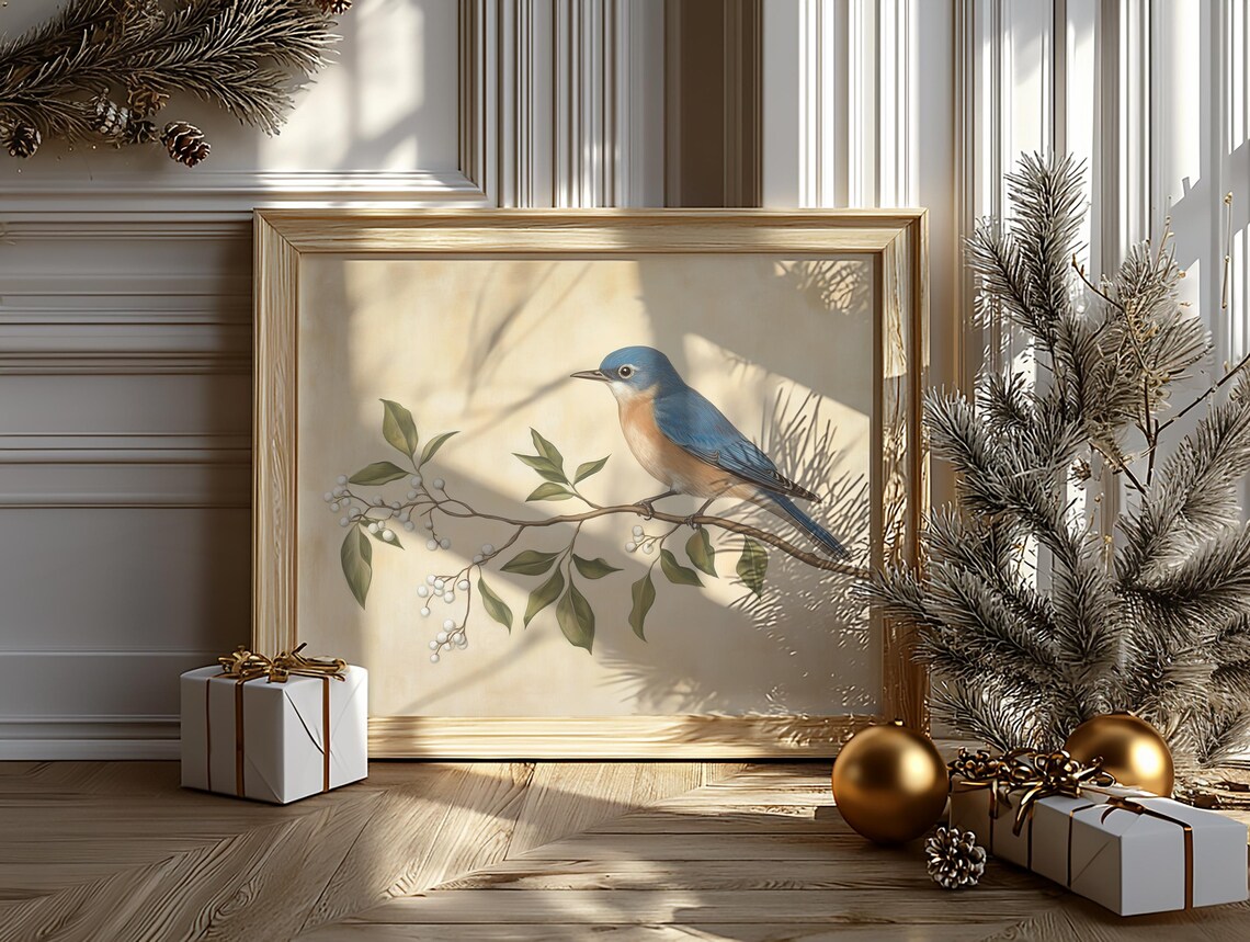 Eastern Bluebird on Branch with White Berries Bird Art Poster - Image 6