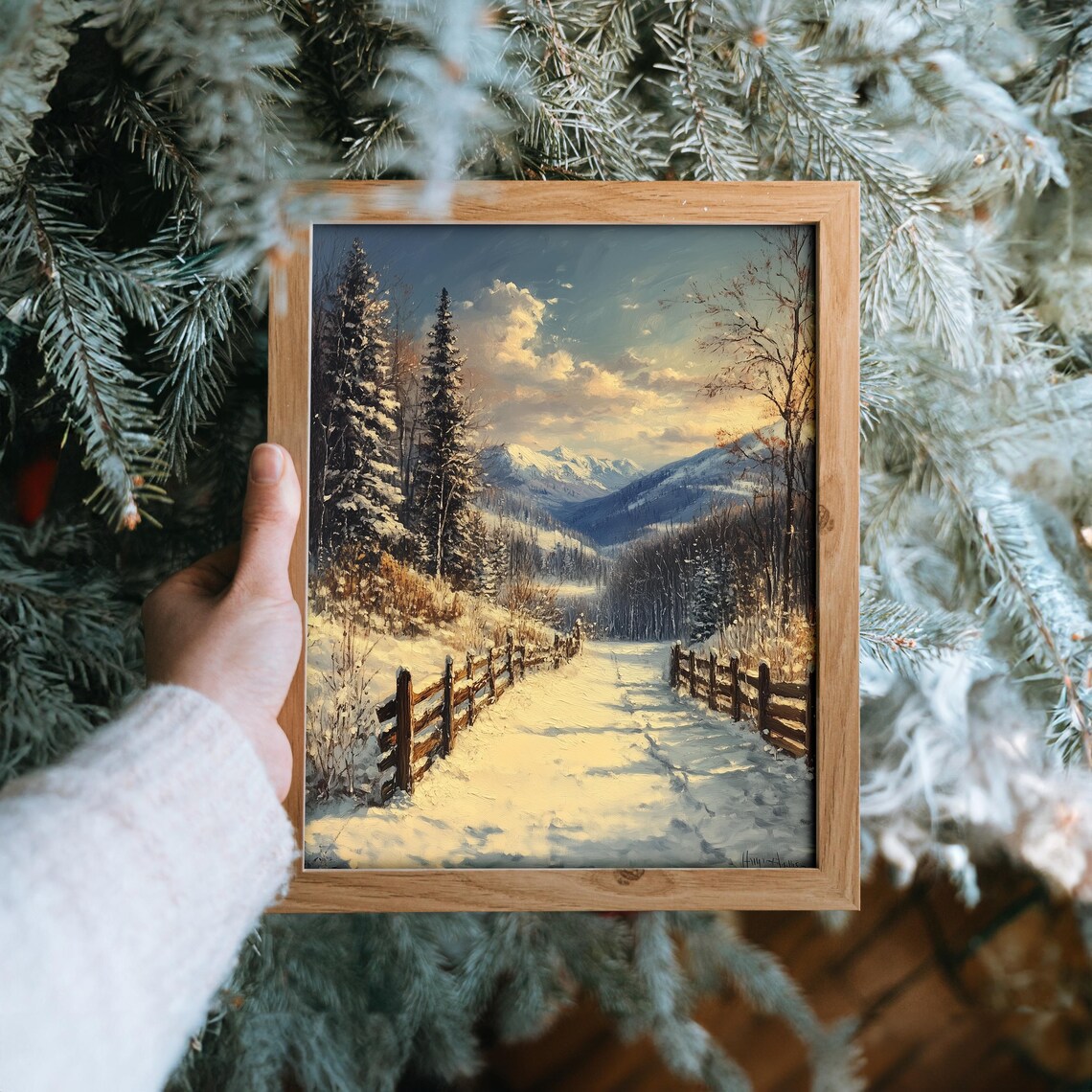 Snowy Fenced Lane with Mountain View Winter Landscape Oil Painting Print - Image 6