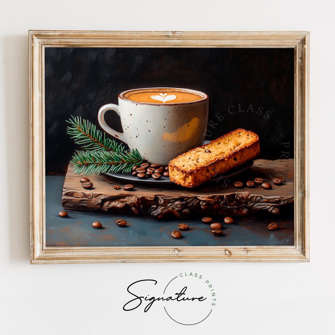 Latte Art Coffee Cup With Biscotti And Pine Sprig Kitchen Poster