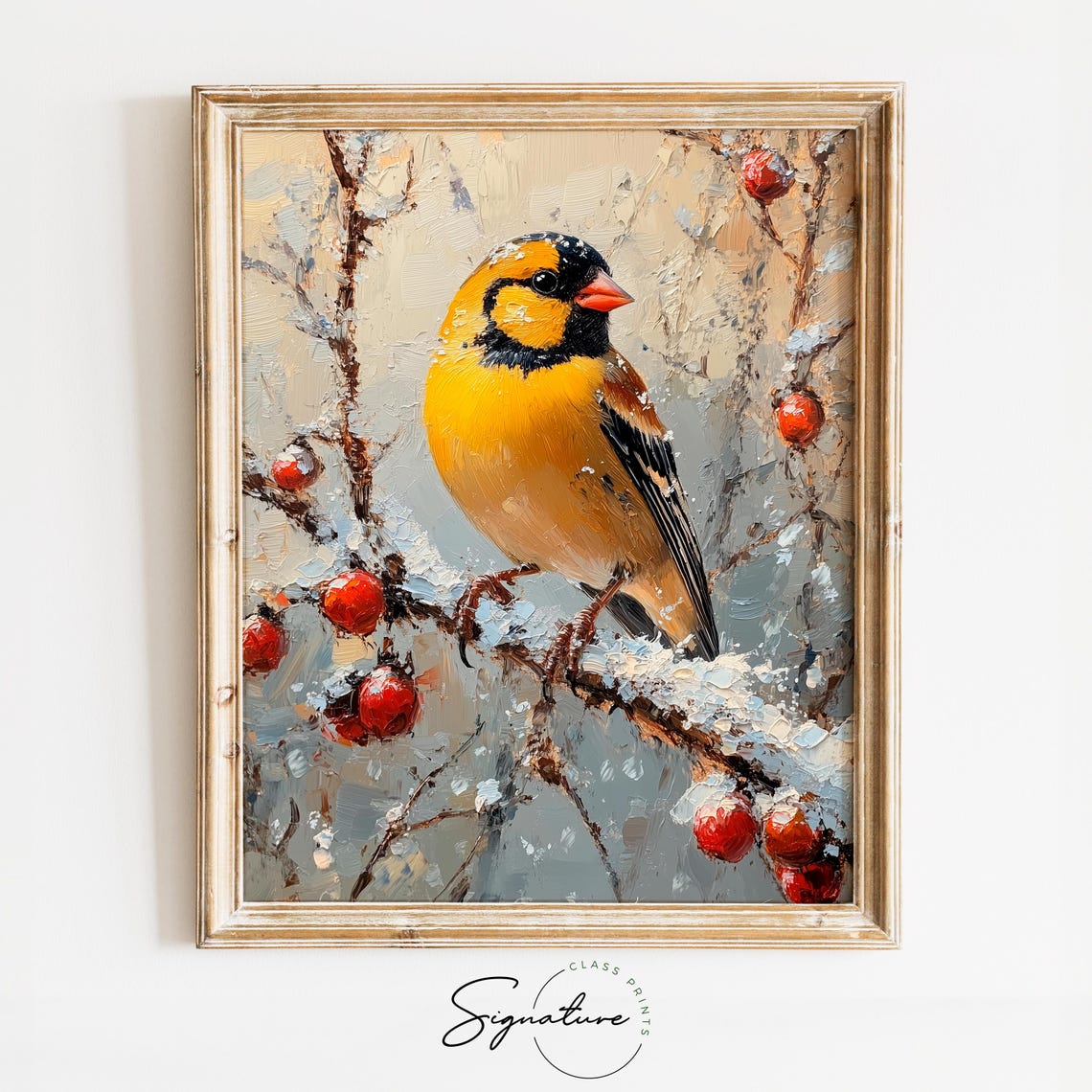 Goldfinch On Snowy Branch With Red Berries Winter Bird Art Poster