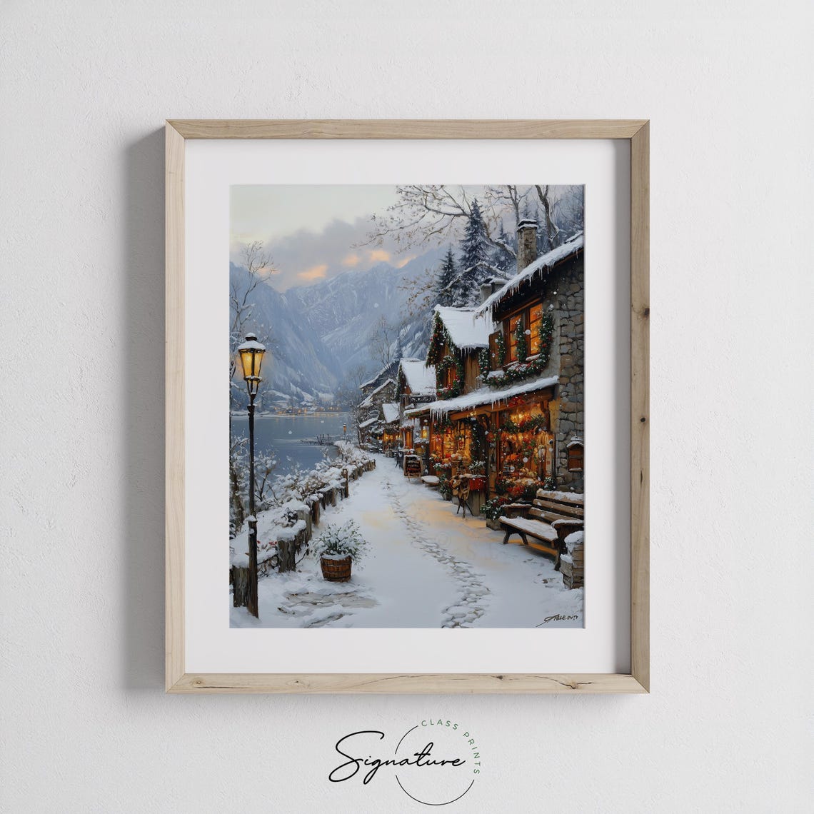 Snowy Lakeside Village At Dusk With Warm Lamp Glow Winter Poster - Image 2