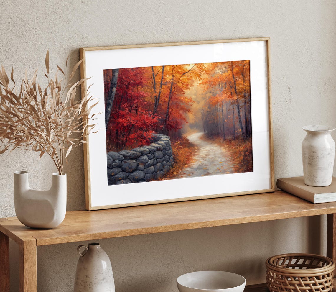Misty Autumn Lane With Old Stone Wall Beneath Flaming Red Trees Poster - Image 4