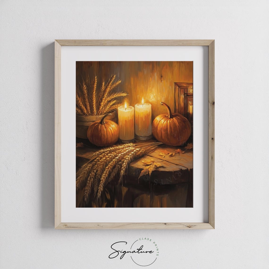 Glowing Candles With Pumpkins And Wheat Harvest Table Poster - Image 3