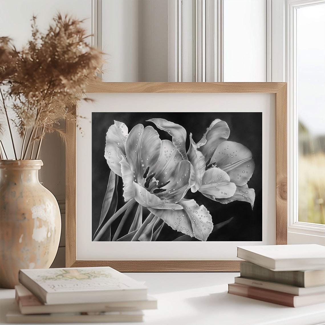 Tulips With Morning Dew Dramatic Black Close Up Bloom Floral Poster - Image 2