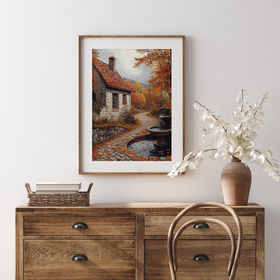 Stone Cottage Red Tile Roof Fountain Autumn Leafy Lane Print - Image 5