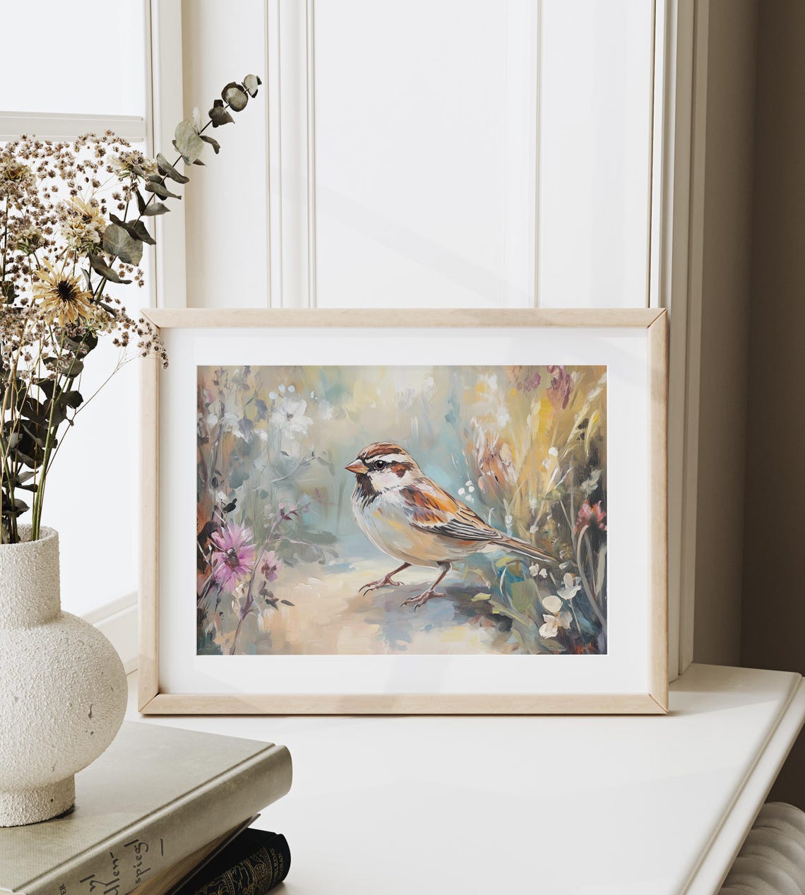 Curious Sparrow On Meadow Path Surrounded By Wildflowers Wall Art - Image 6