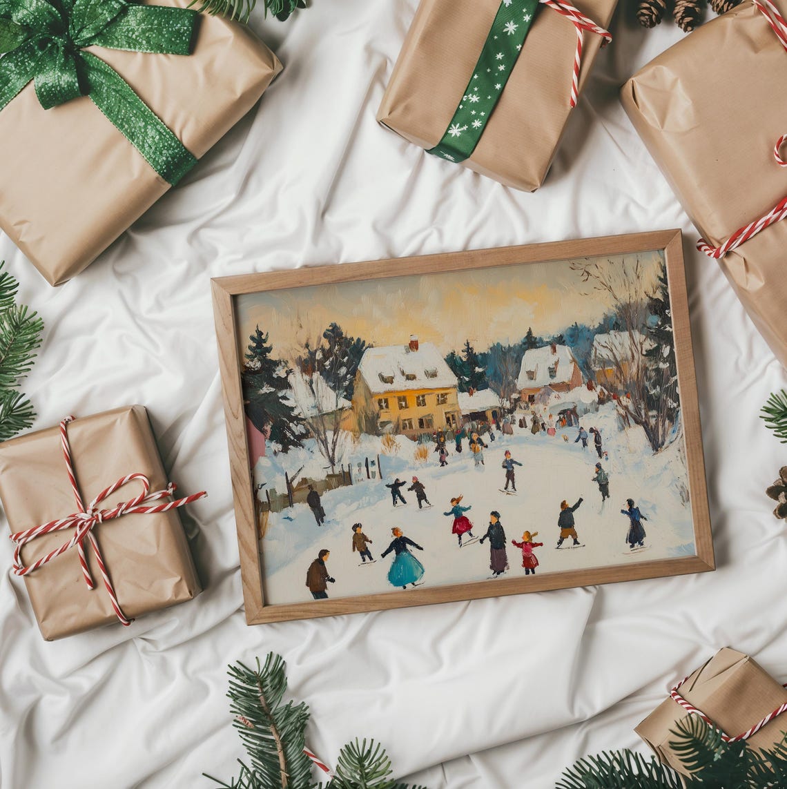 Winter Village Ice Skating At Dusk With Snowy Cottages Poster - Image 2