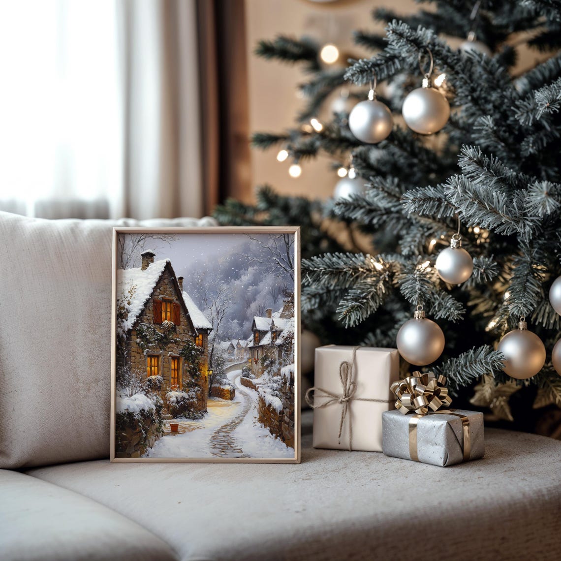 Ivy Covered Stone Cottage on Snowy Cobblestone Village Lane Poster - Image 5