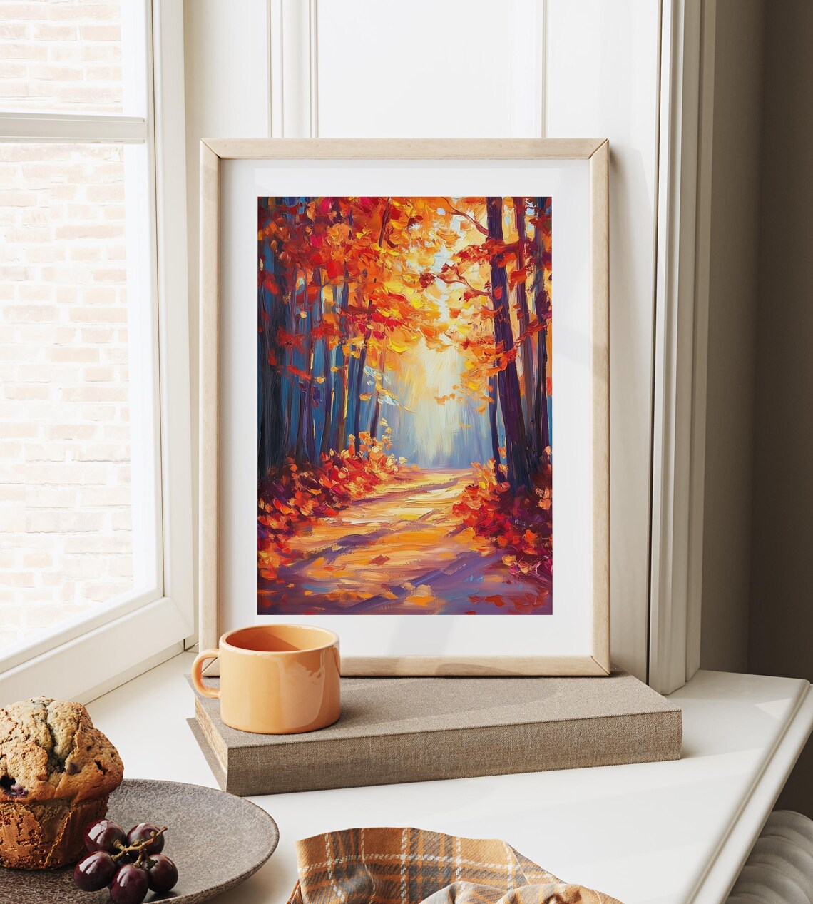Blazing Red Autumn Forest Path with Light Breaking Through Trees Poster - Image 6
