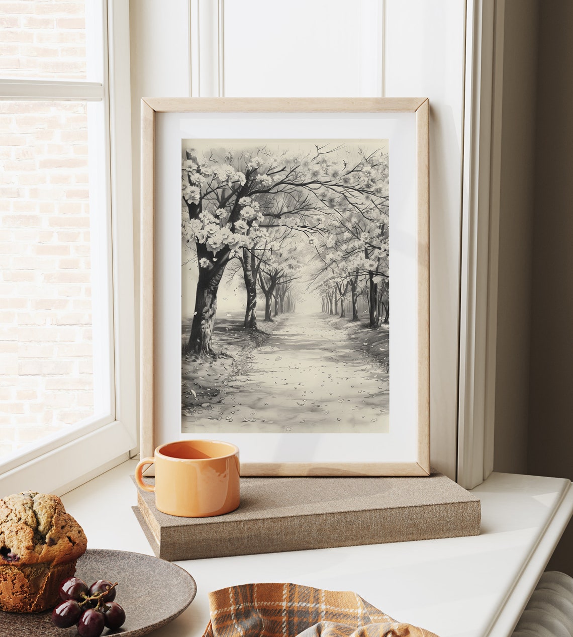 Tranquil Cherry Blossom Path In Spring Monochrome Ink Sketch Poster - Image 6