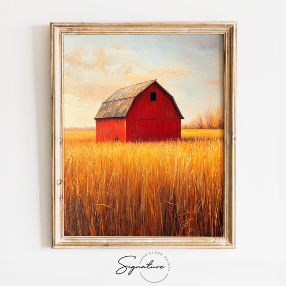 Red Barn Golden Wheat Field Oil Painting Farm Sunset Wall Poster
