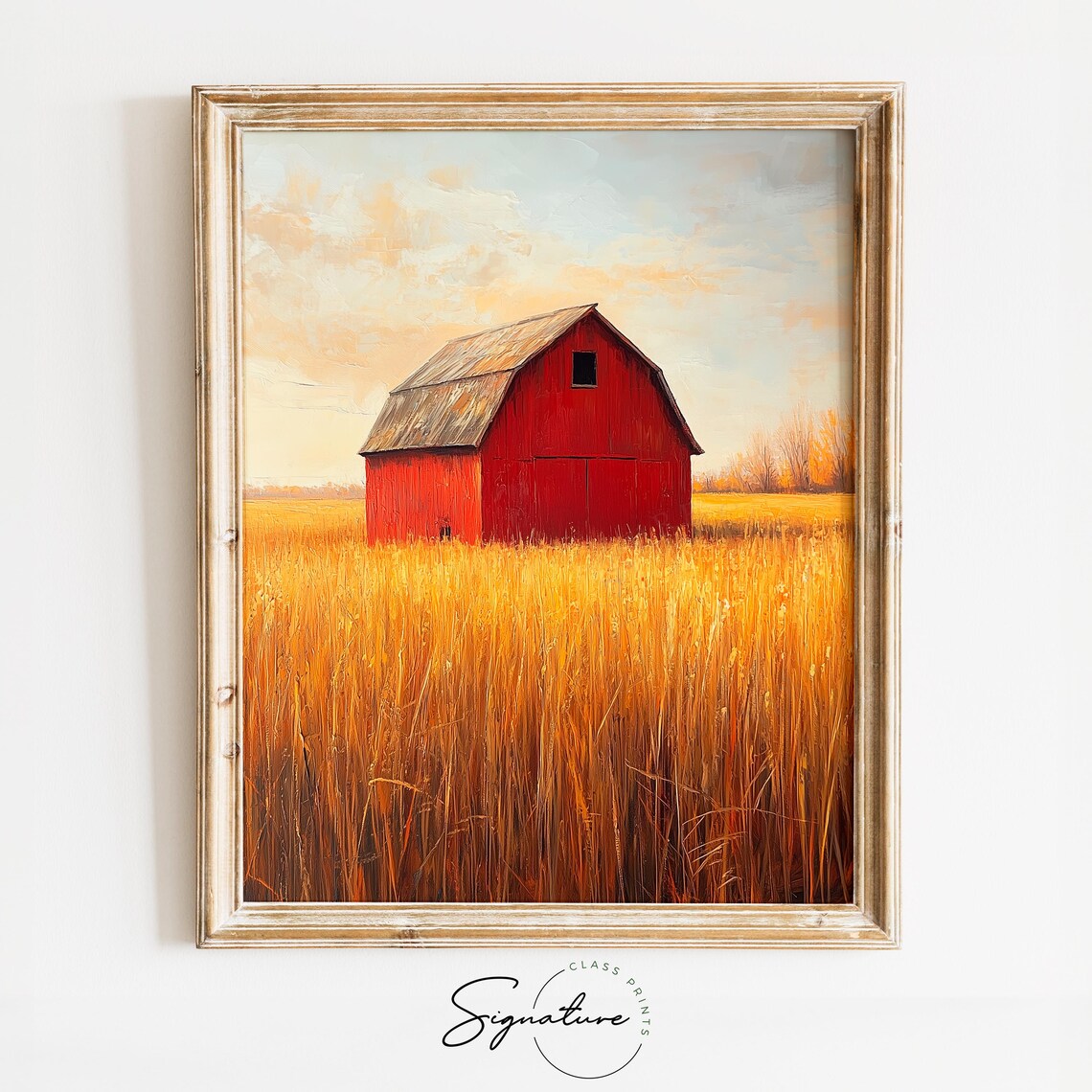 Red Barn Golden Wheat Field Oil Painting Farm Sunset Wall Poster