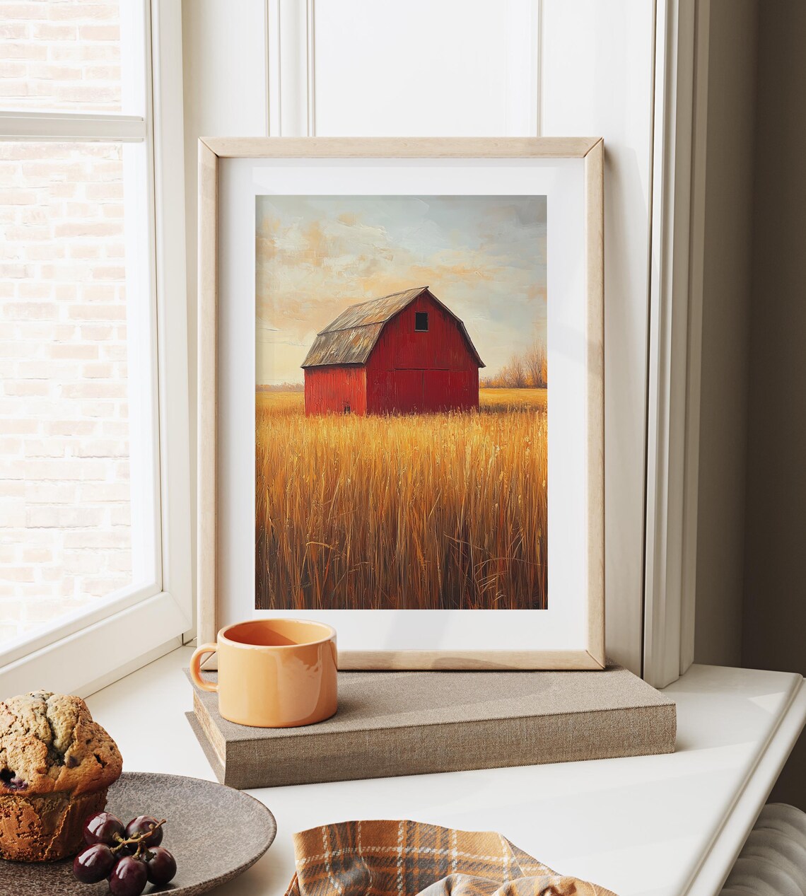 Red Barn Golden Wheat Field Oil Painting Farm Sunset Wall Poster - Image 6