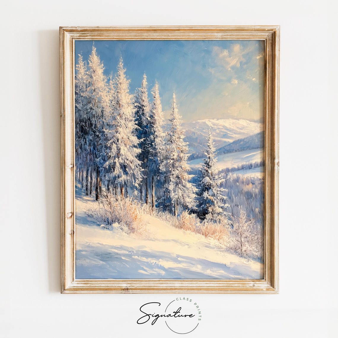 Frosty Cedars on Hillside Under Blue Winter Mountain Sky Poster