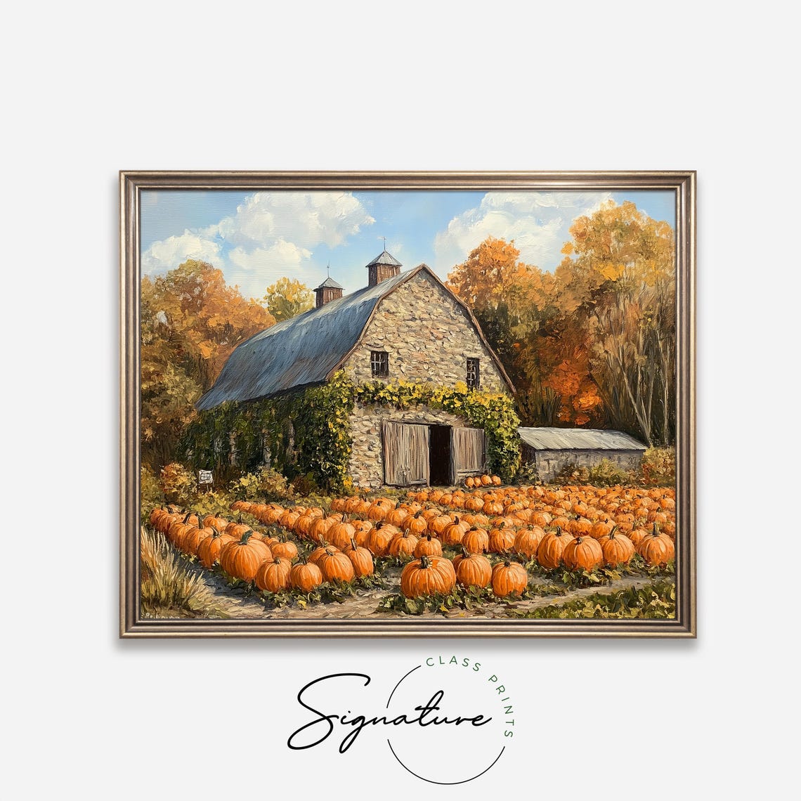 Stone Barn Behind a Bountiful Pumpkin Patch in Golden Autumn Poster - Image 4