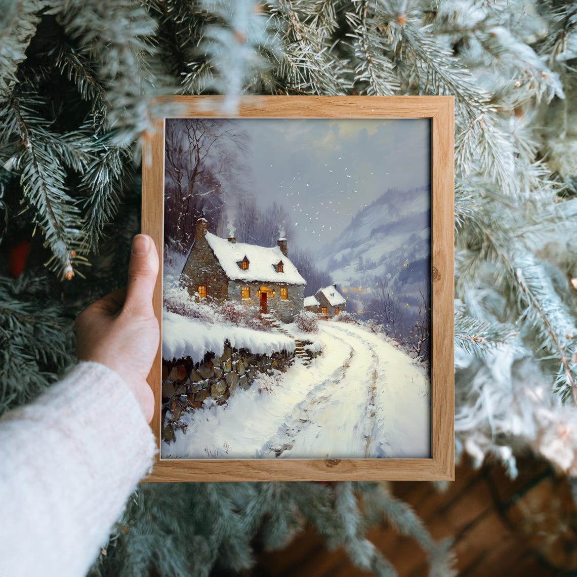 Stone Cottages on a Snowy Hillside Path at Winter Dusk Poster - Image 6