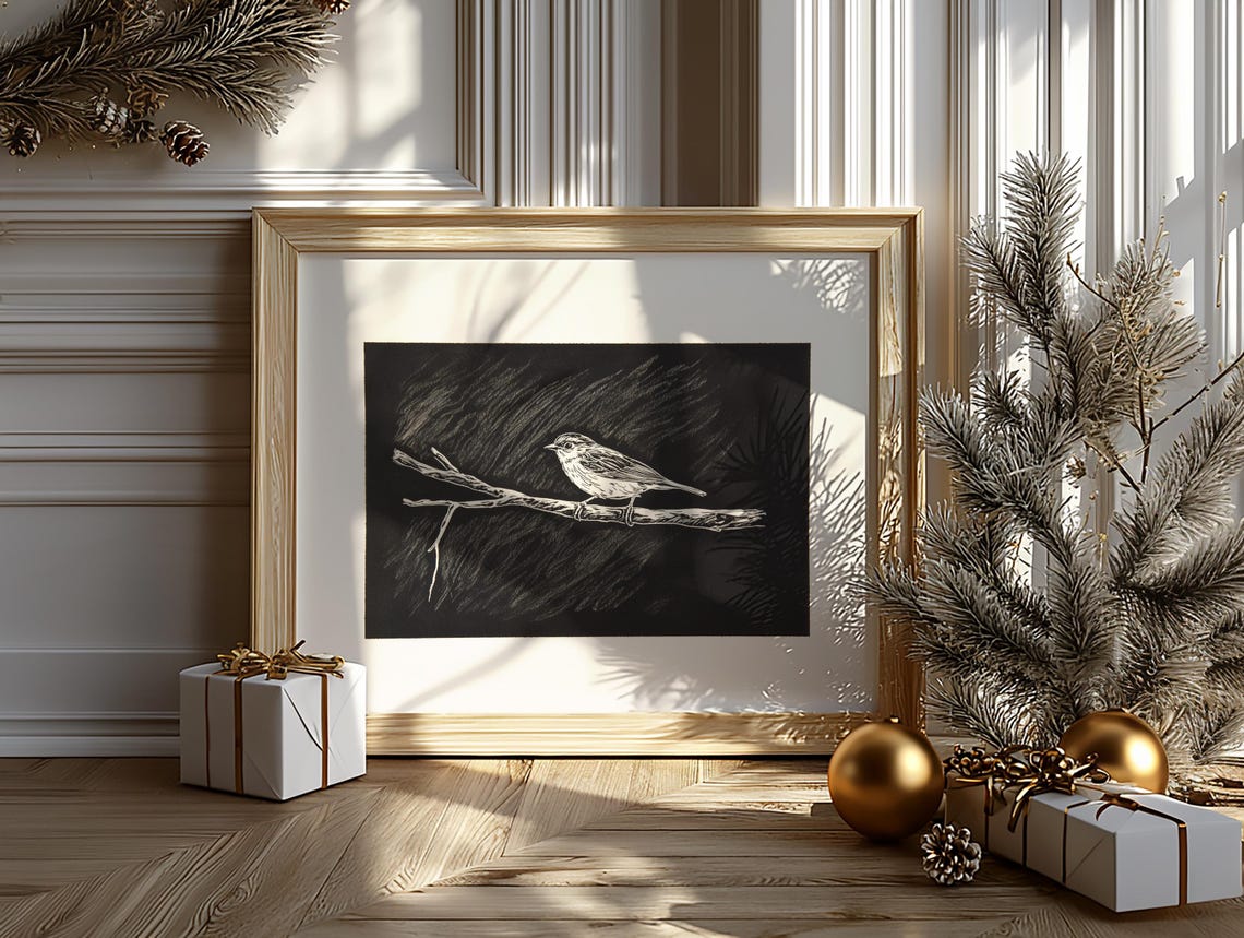 Songbird On Branch White On Black Textured Night Sky Art Poster - Image 2