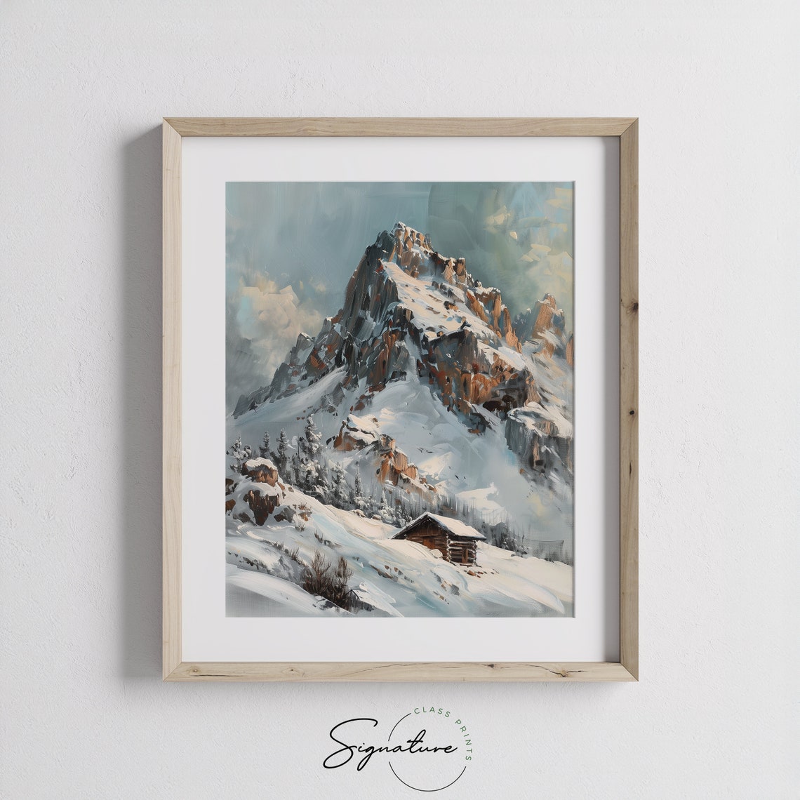 Snowy Alpine Mountain Peak Log Cabin Winter Landscape Poster - Image 3