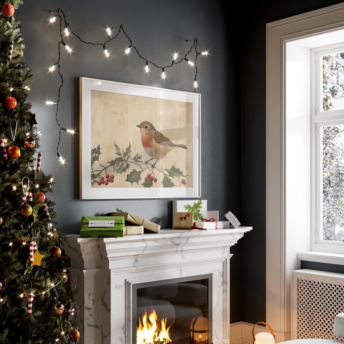 Sweet Robin With Holly And Snowberries Vintage Winter Bird Print - Image 2