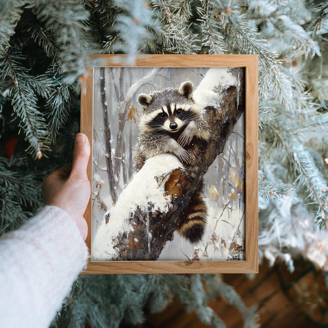 Raccoon In Snow Covered Tree Cute Winter Wildlife Art Poster - Image 6