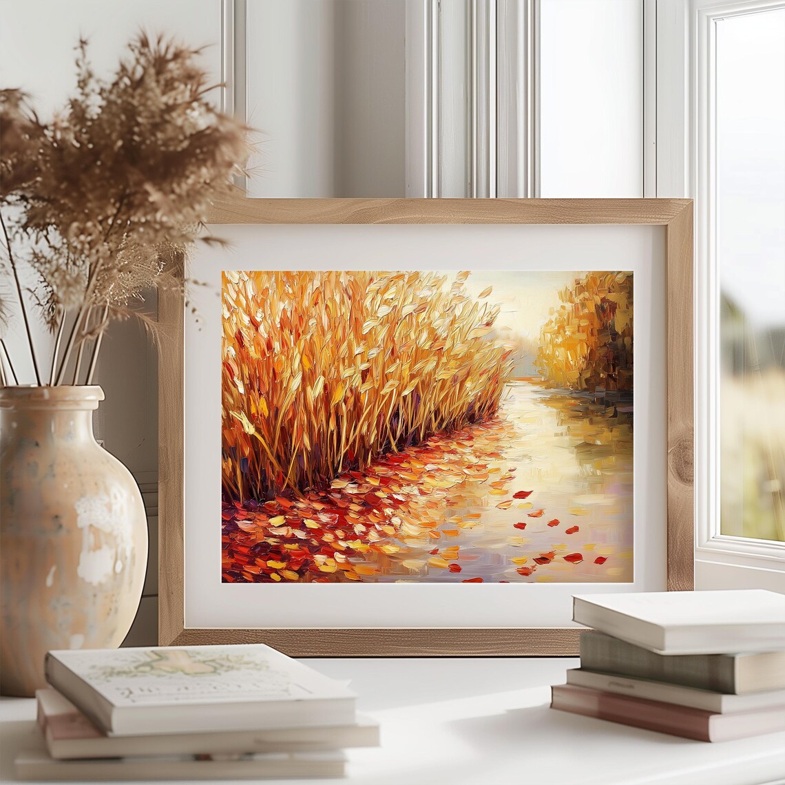 Impasto Golden Reeds With Floating Red Leaves On Calm Water Poster - Image 2