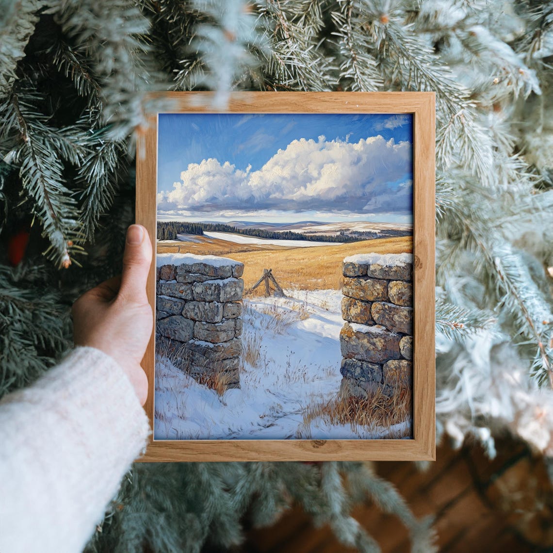 Rustic Stone Gate Snowy Pasture Golden Winter Landscape Poster - Image 6