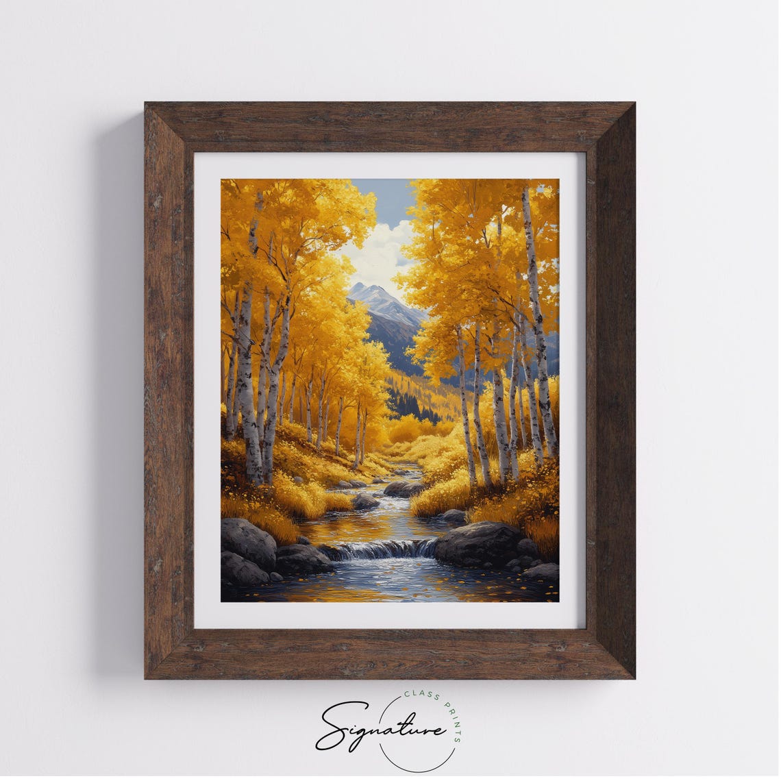 Golden Aspen Forest Mountain Stream Snowy Peak Landscape Print - Image 4