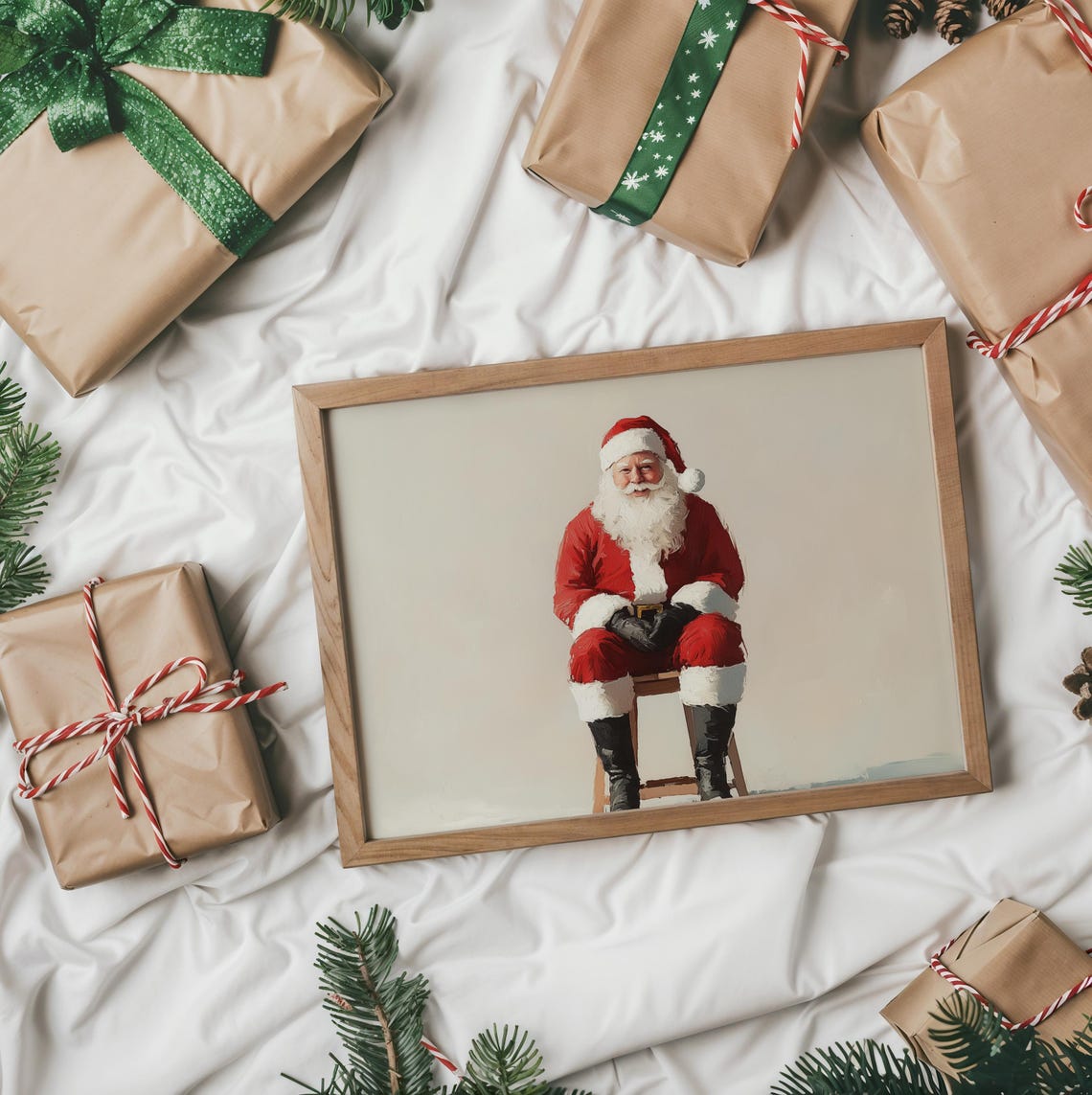 Santa Claus Seated on Stool Cream Background Vintage Style Poster - Image 2