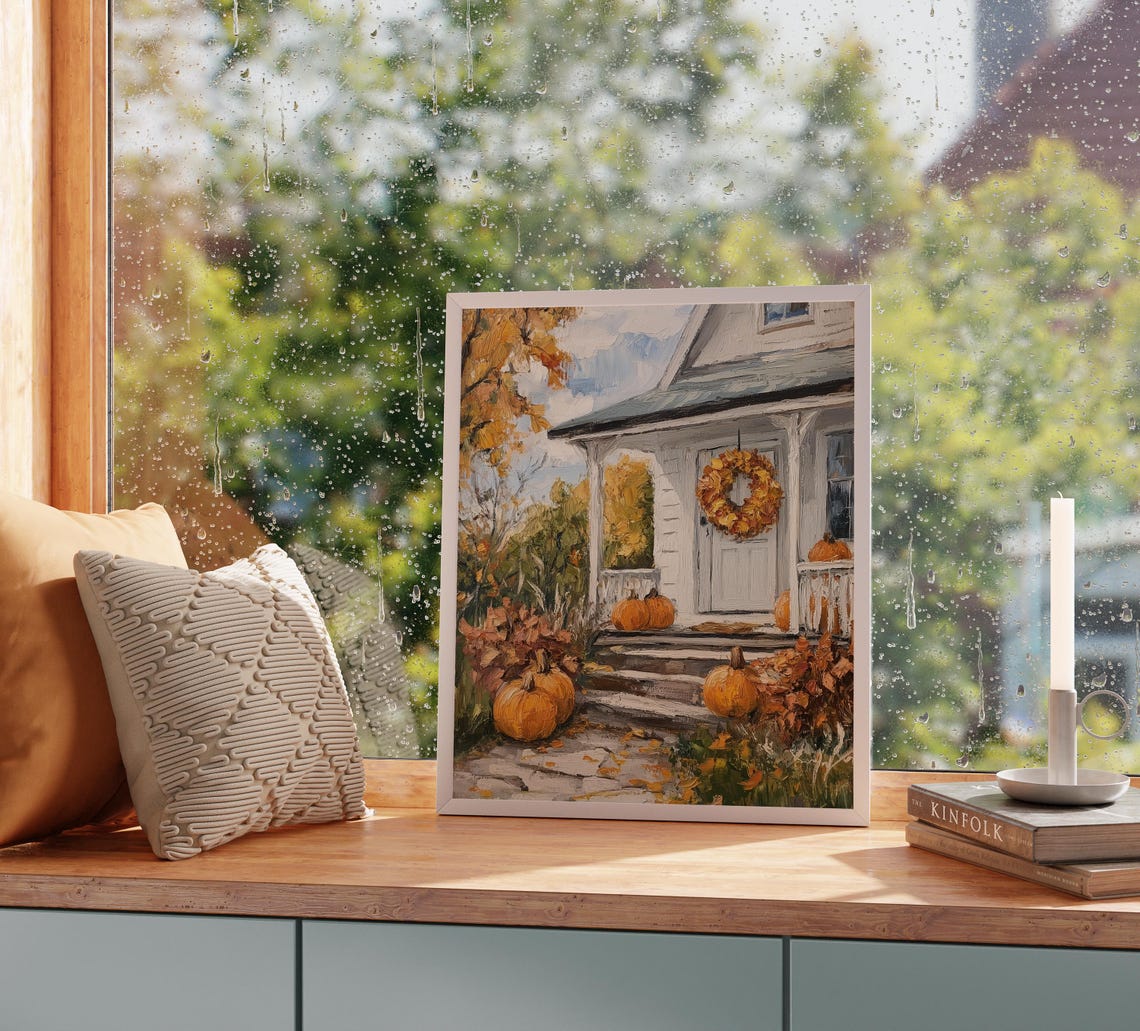 Rustic Cottage Porch With Pumpkins And Wreath Fall Harvest Poster - Image 2