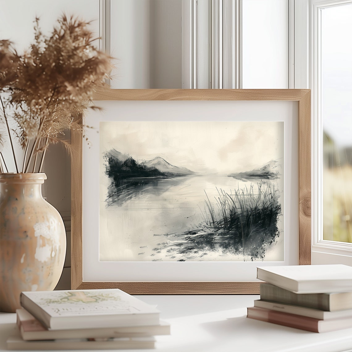 Quiet Serene Misty Lake With Reeds Ink Wash Landscape Poster Art - Image 2