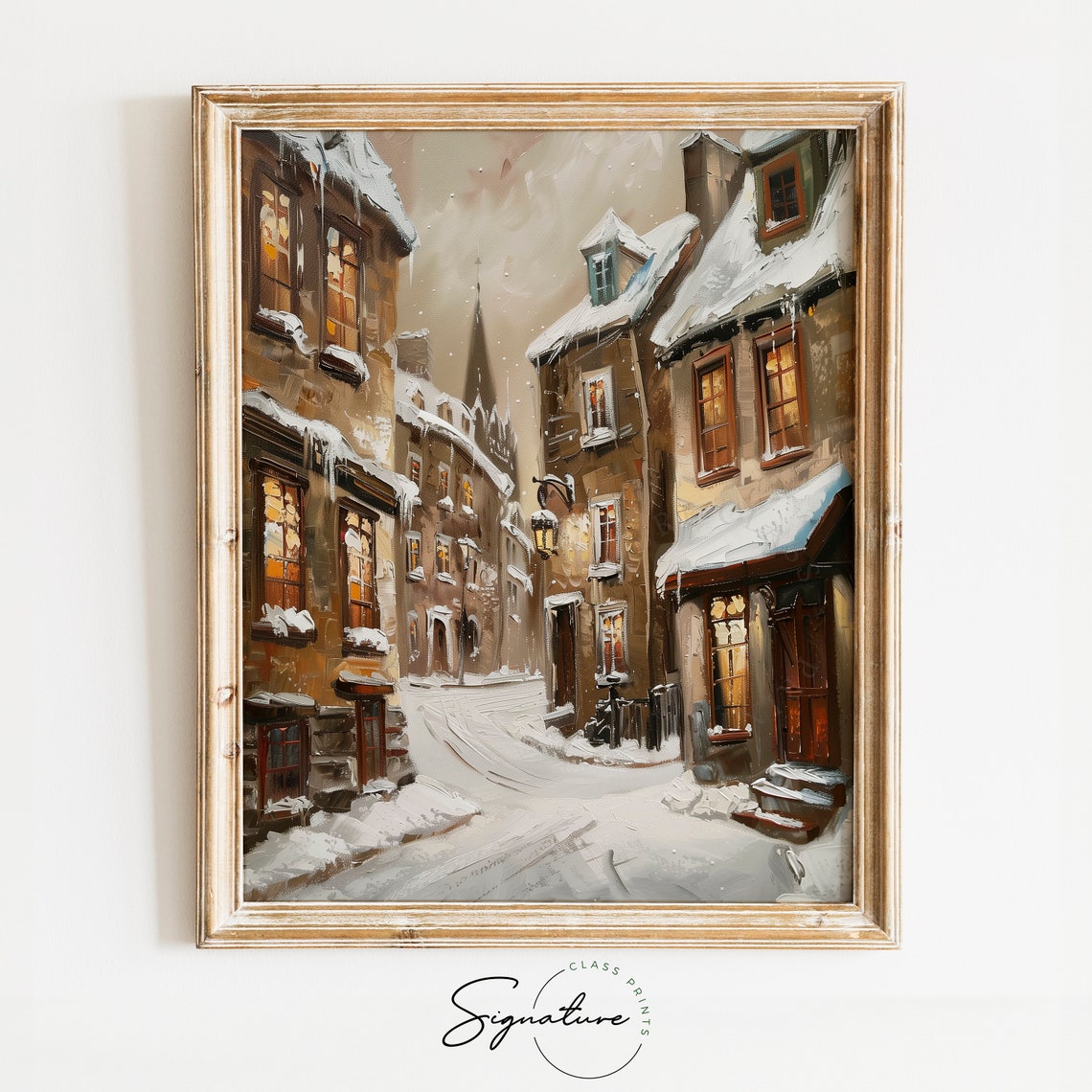 Snowy Old Town Street at Dusk with Warm Glowing Windows Poster