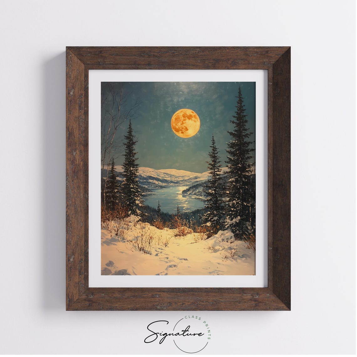 Golden Full Moon over Snowy Lake and Mountains Night Sky Poster - Image 3