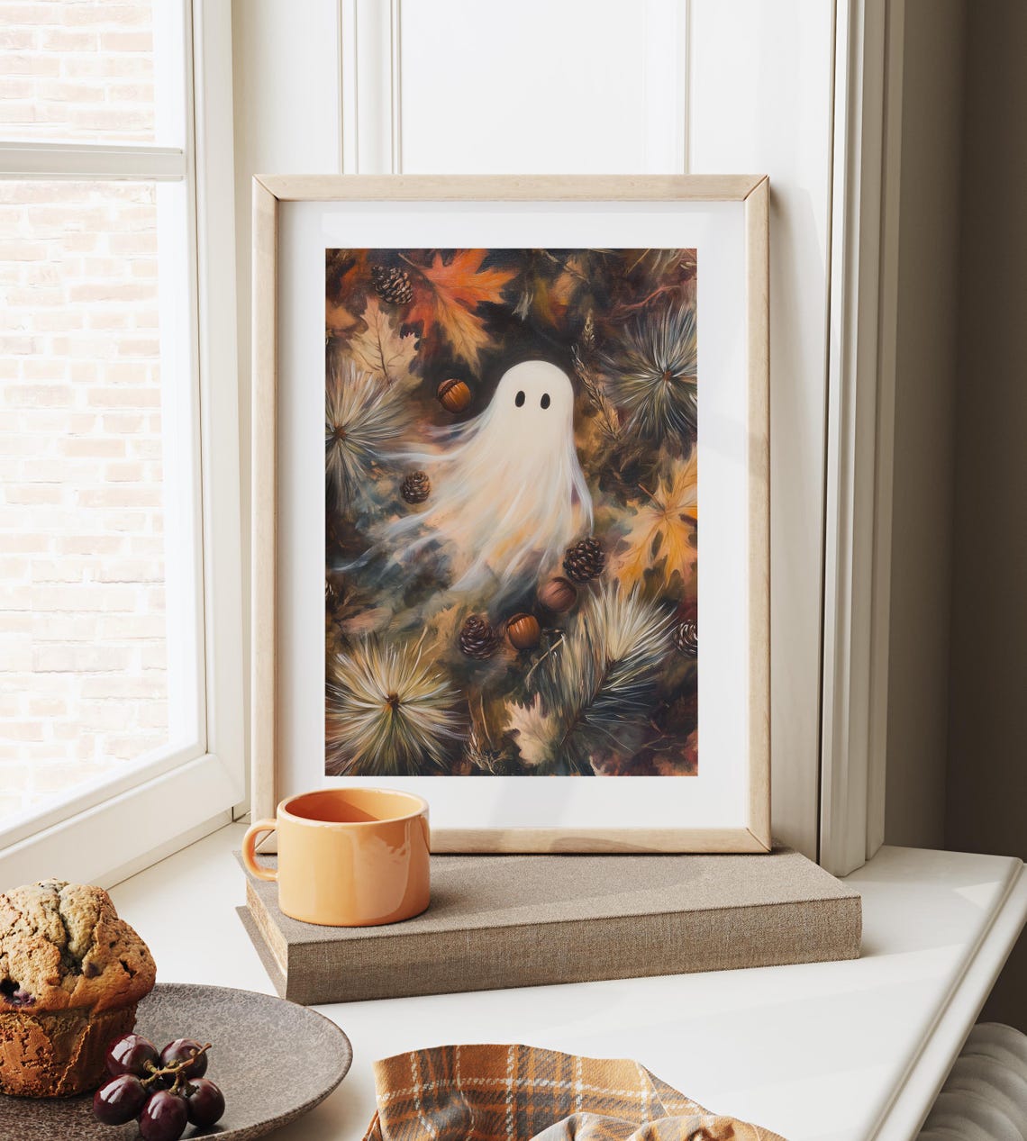 Cute Ghost Floating Through Vibrant Fall Leaves and Pinecones Poster - Image 6