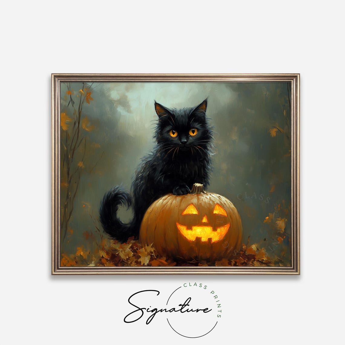Black Cat With Glowing Amber Eyes Beside a Lit Jack O Lantern Poster - Image 4