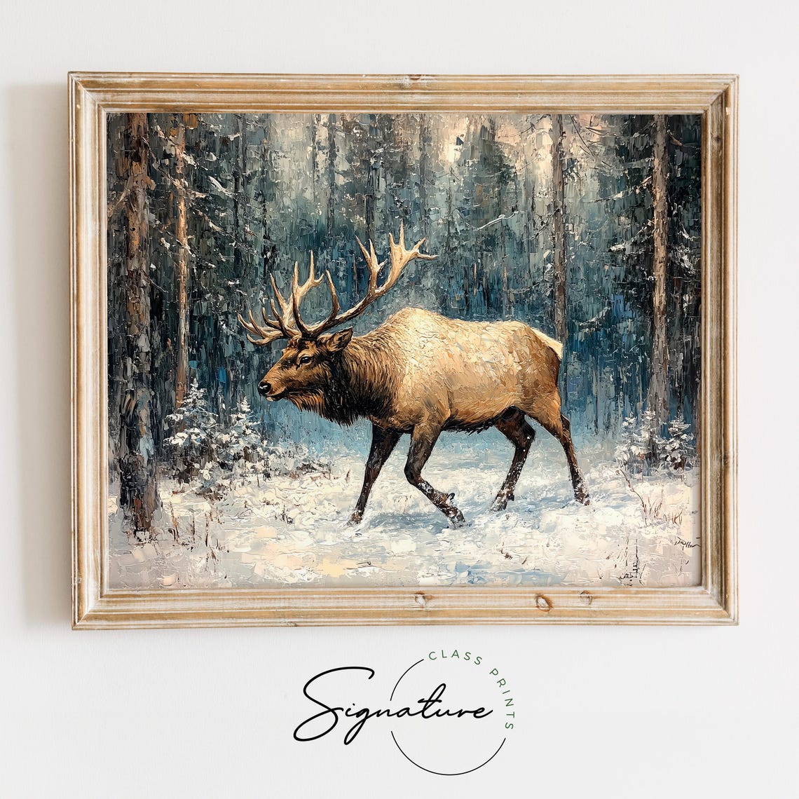 Bull Elk Walking Through Snowy Forest Winter Wildlife Oil Style Poster