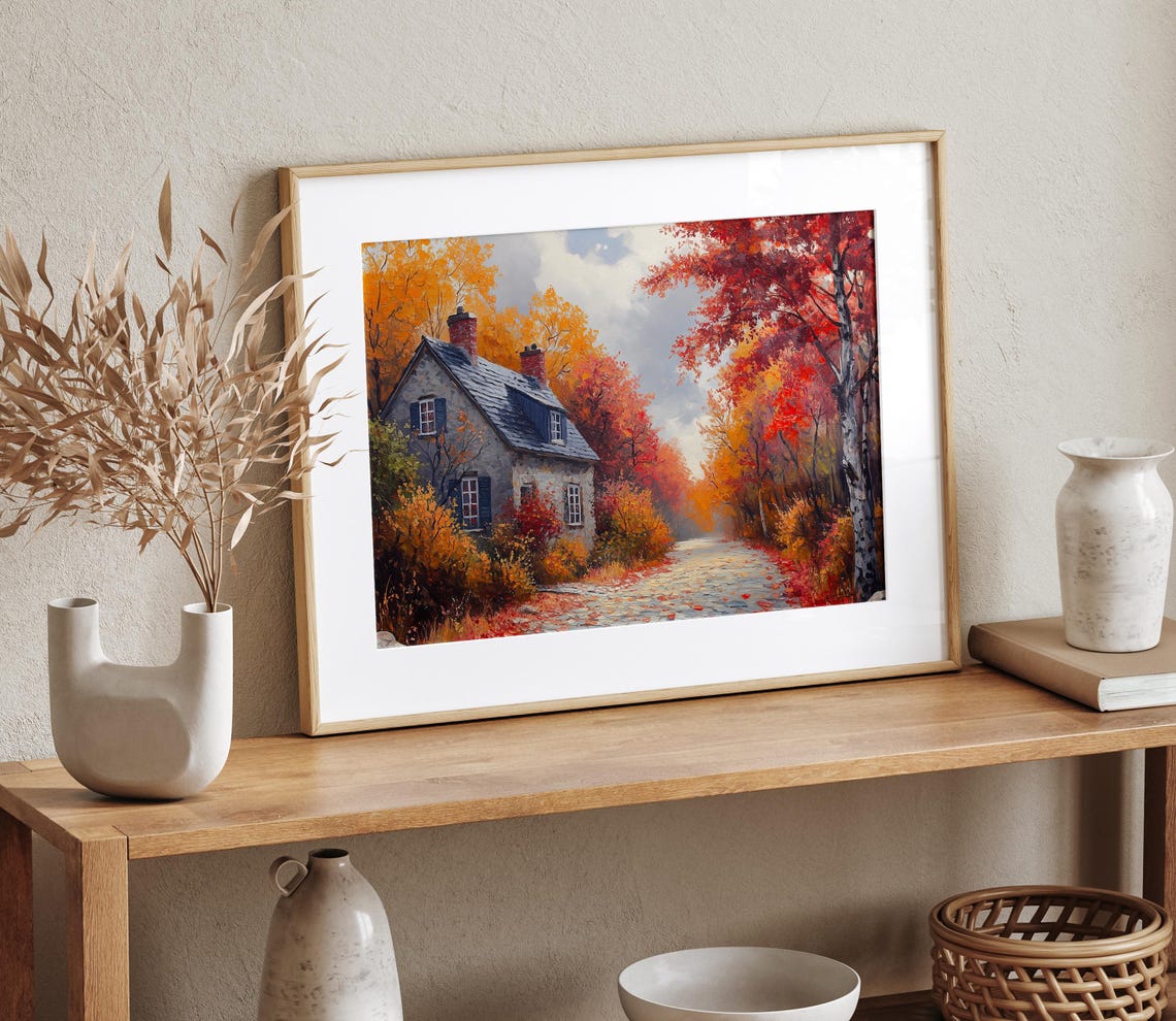 Autumn Stone Cottage Cobblestone Lane Red Maple Trees Fall Wall Art - Image 4