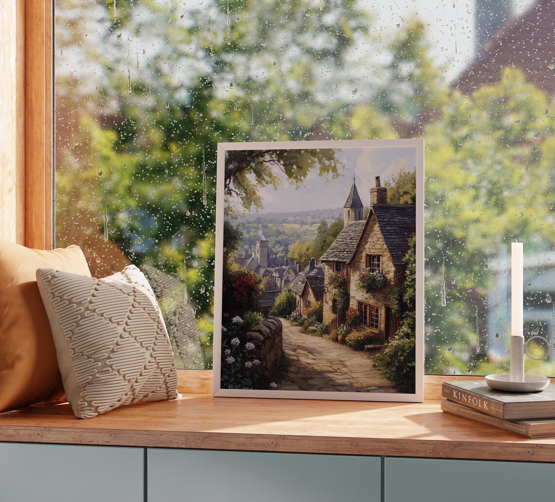 English Village Street Stone Cottages Church Spire Countryside Poster - Image 2