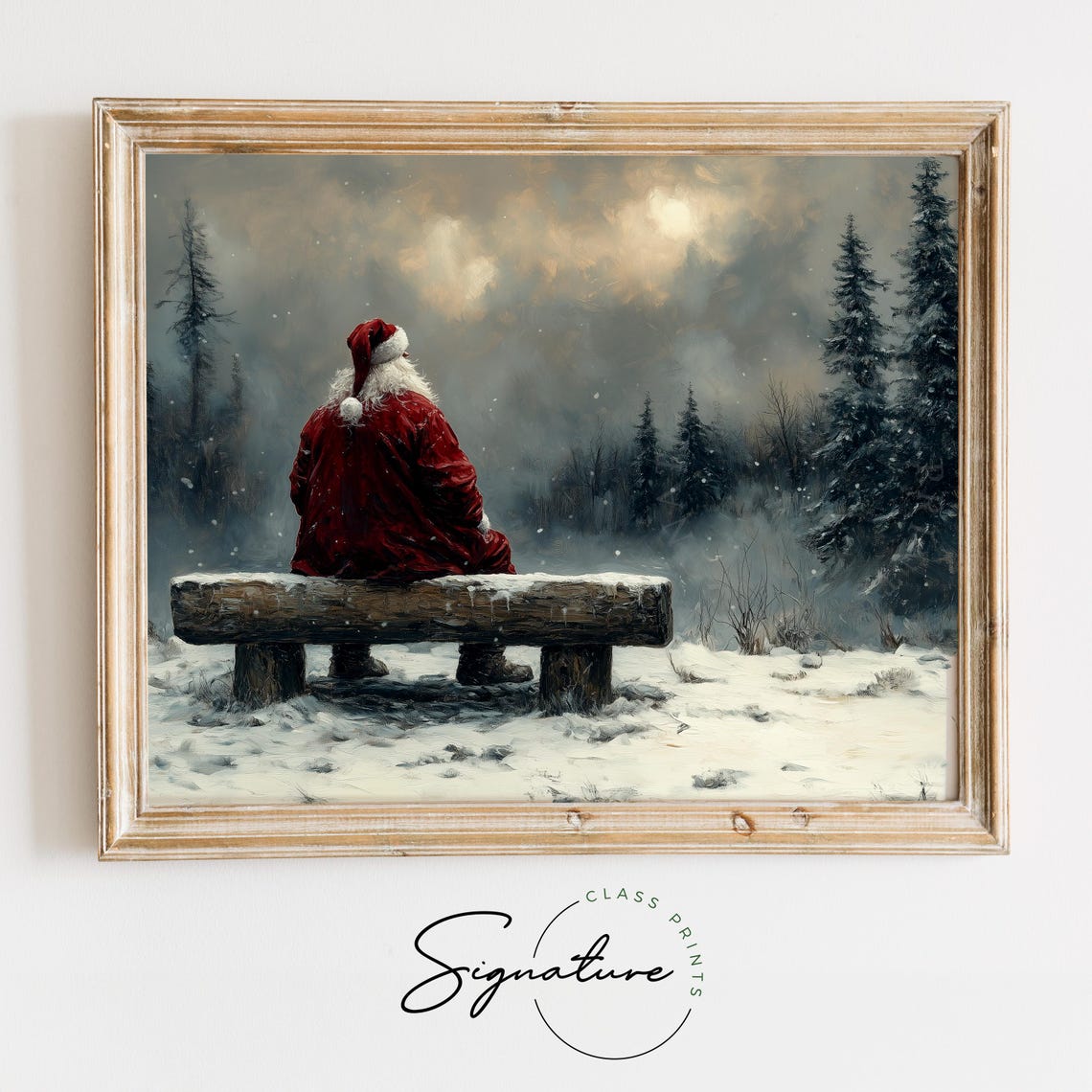 Santa Claus Sitting On A Log Bench Gazing At The Winter Forest Poster