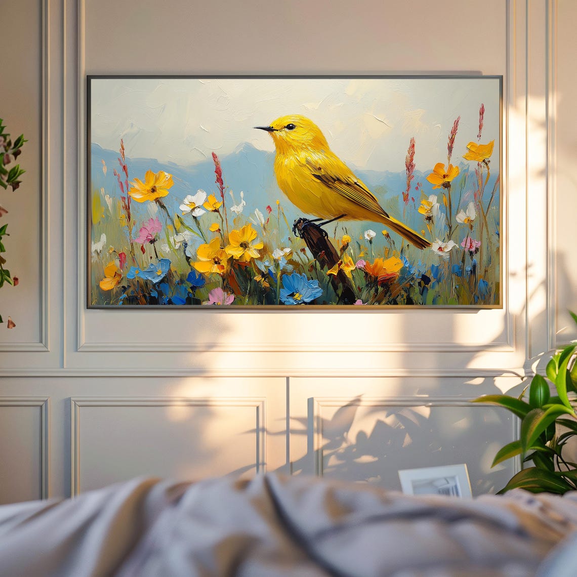 Yellow Warbler In Spring Wildflower Meadow Frame TV Bird Art Print - Image 4