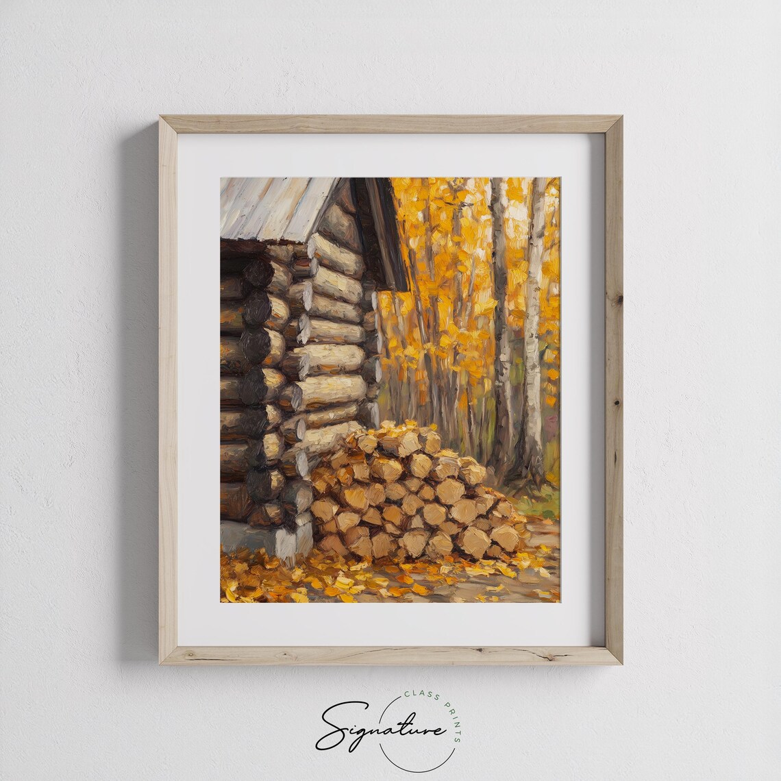 Log Cabin Firewood Pile Golden Birch Trees Autumn Woods Poster - Image 3
