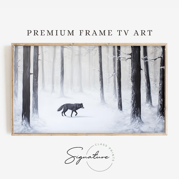 Black Wolf Walking Through Snowy Forest Misty Winter Scene Poster