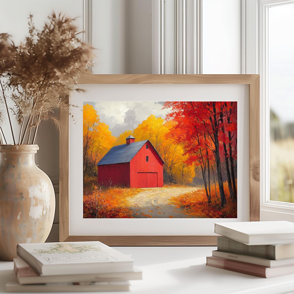 Red Barn Autumn Woods Fall Foliage Oil Painting Country Poster - Image 2